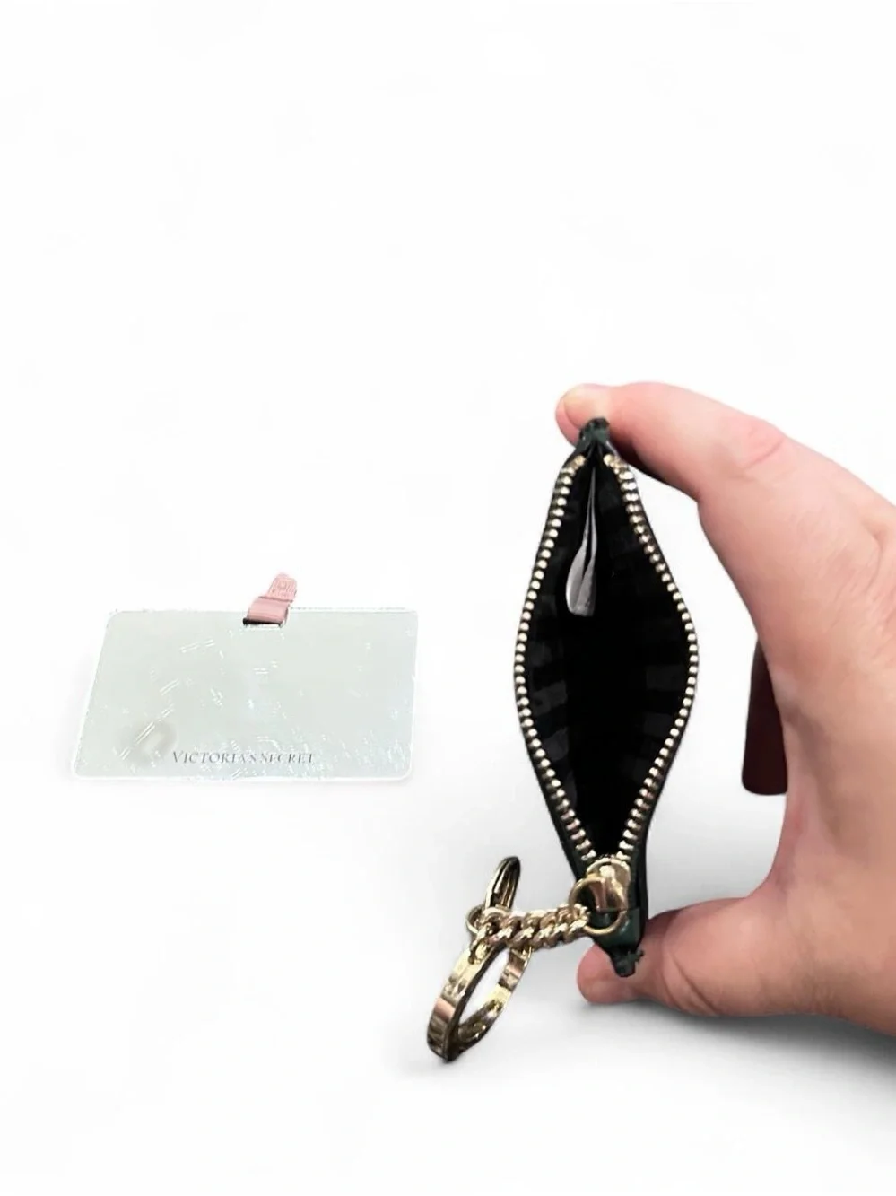 Victoria's Secret Green Croc-Embossed Card Holder Keychain with Mirror